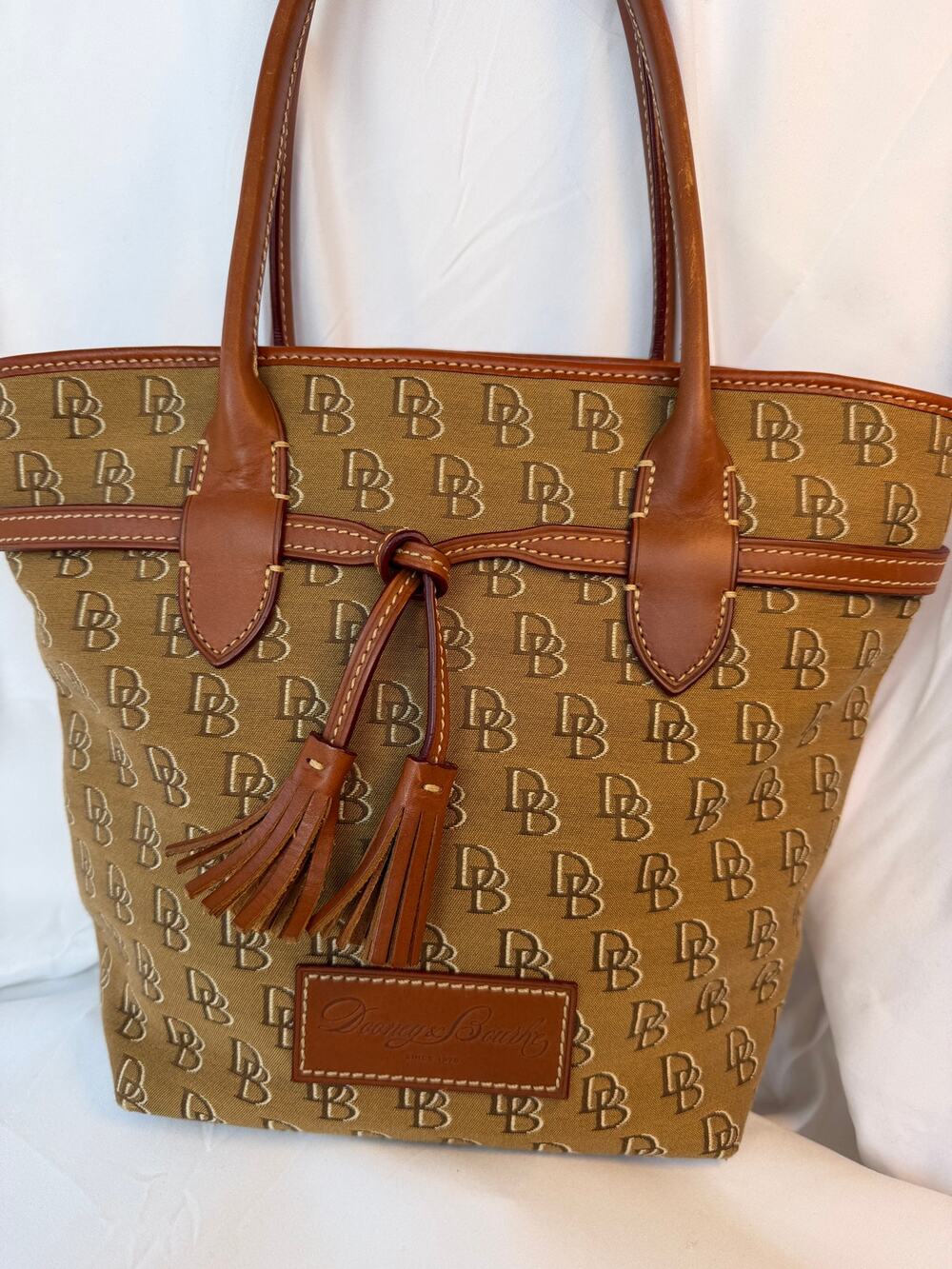 Dooney & Bourke Signature DB Canvas Tote Brown Leather Tassel Shoulder Bag